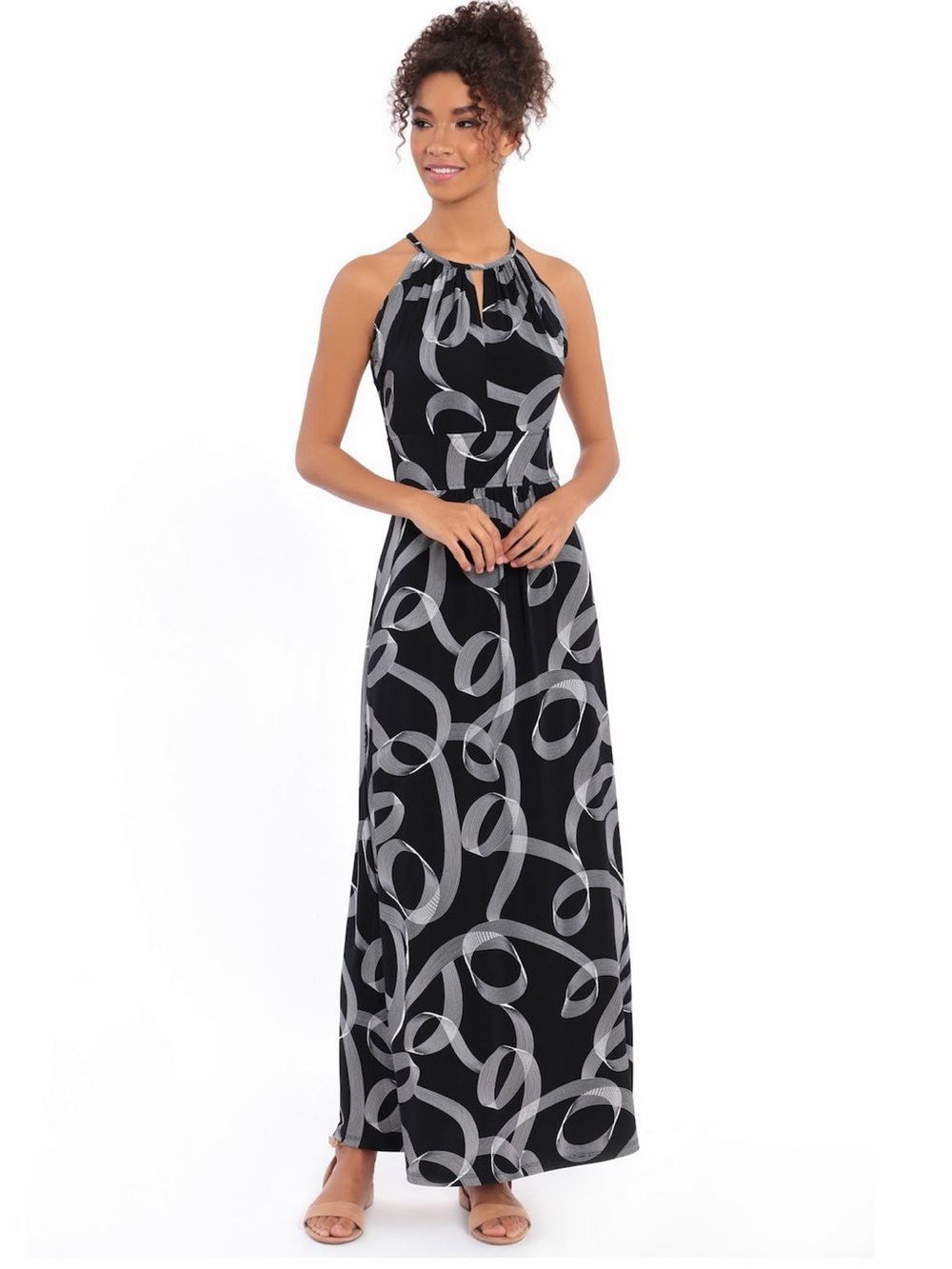 London Times Black & White Abstract Print Halter Maxi Dress Size 12